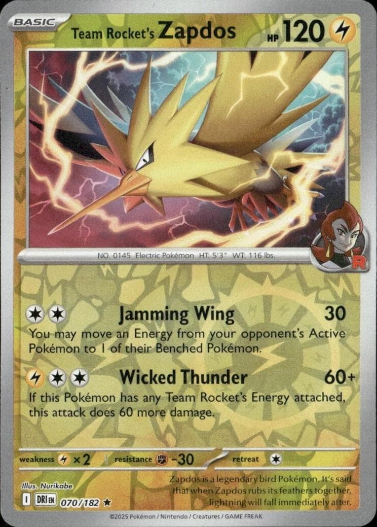 Team Rocket's Zapdos [Reverse Holo] #70 — Pokemon Destined Rivals