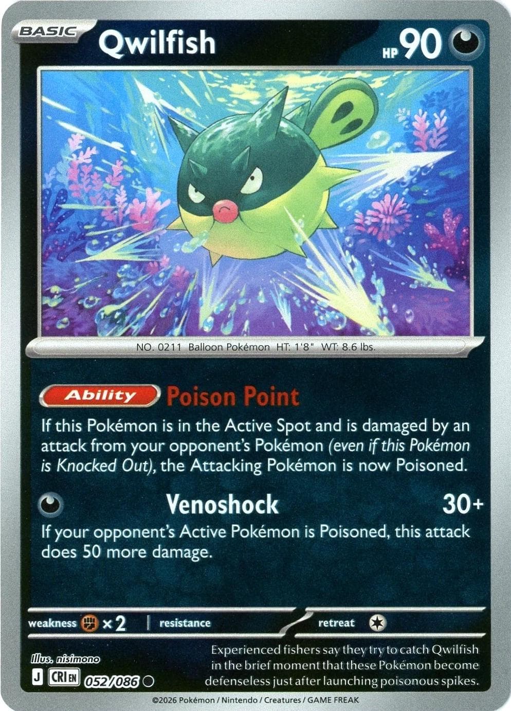 Qwilfish [Reverse Holo] #52 — Pokemon Chaos Rising